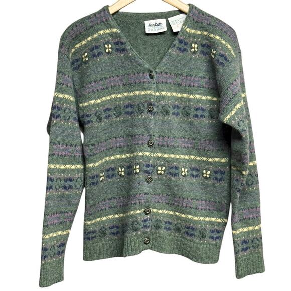 Vintage Northern Reflections Fair Isle Wool Cardigan Sweater Green Size Large - Picture 5 of 11